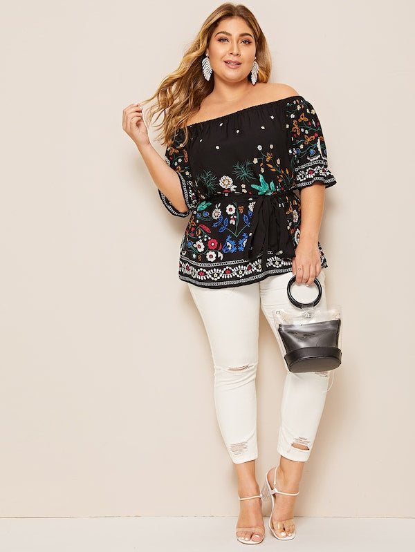 Plus Flower Print Belted Bardot Top