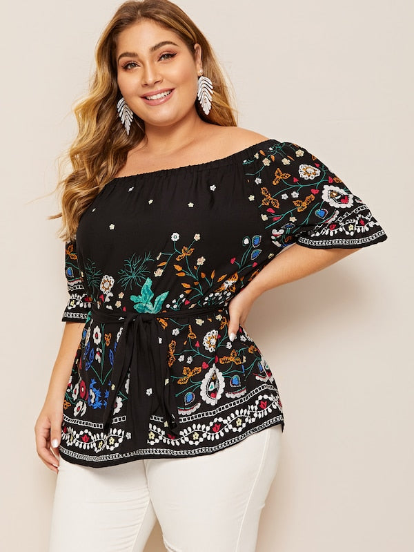 Plus Flower Print Belted Bardot Top