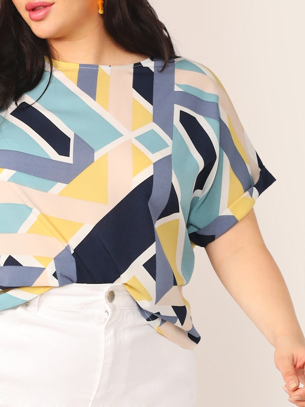 Plus Geo Print Cuffed Sleeve Top