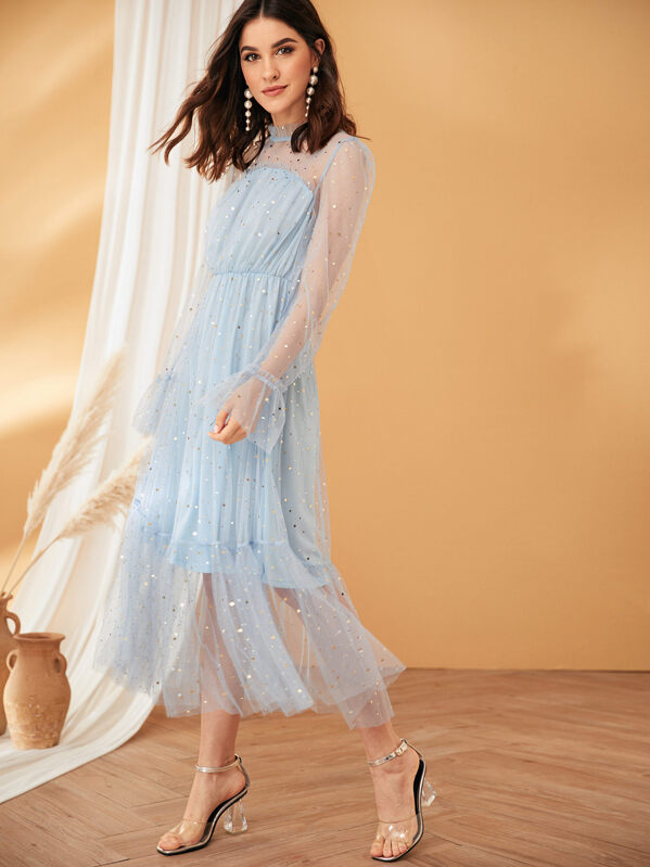 Frilled Neck Bell Sleeve Star Mesh Overlay Dress