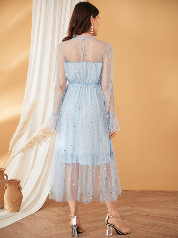 Frilled Neck Bell Sleeve Star Mesh Overlay Dress