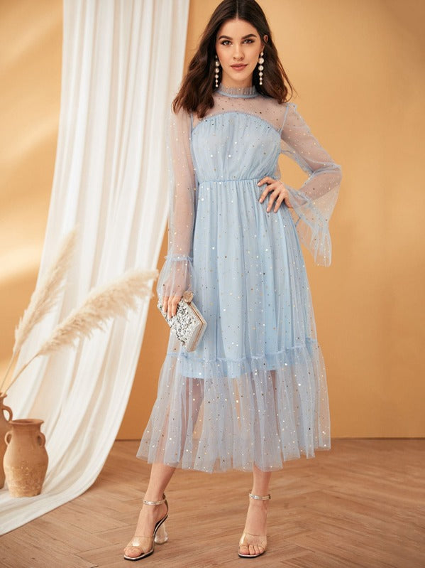 Frilled Neck Bell Sleeve Star Mesh Overlay Dress