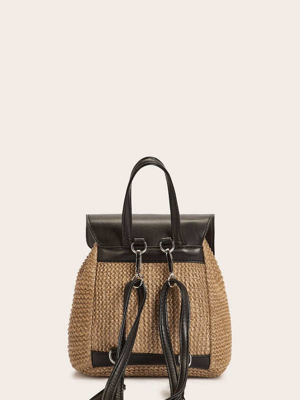 Buckle Decor Flap Woven Backpack