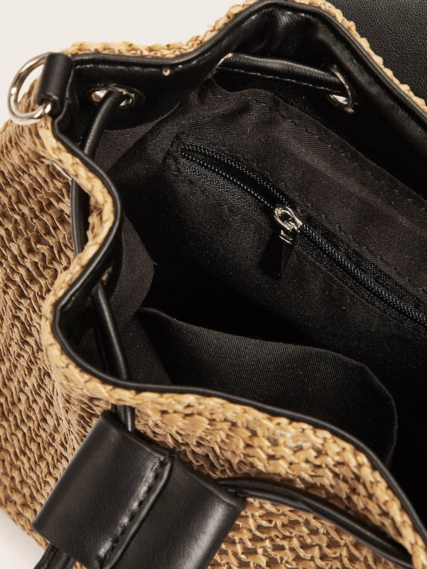 Buckle Decor Flap Woven Backpack