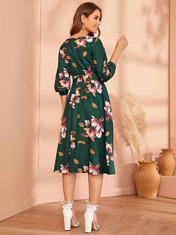 Elastic Waist Belted Floral Dress
