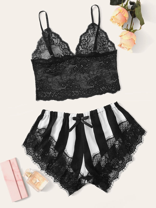 Floral Lace Bralet With Striped Shorts