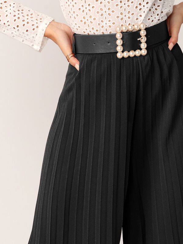 Wide Leg Pleated Trousers With Pearl Beading Belt