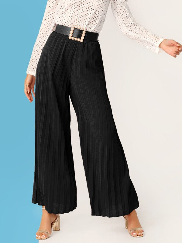 Wide Leg Pleated Trousers With Pearl Beading Belt
