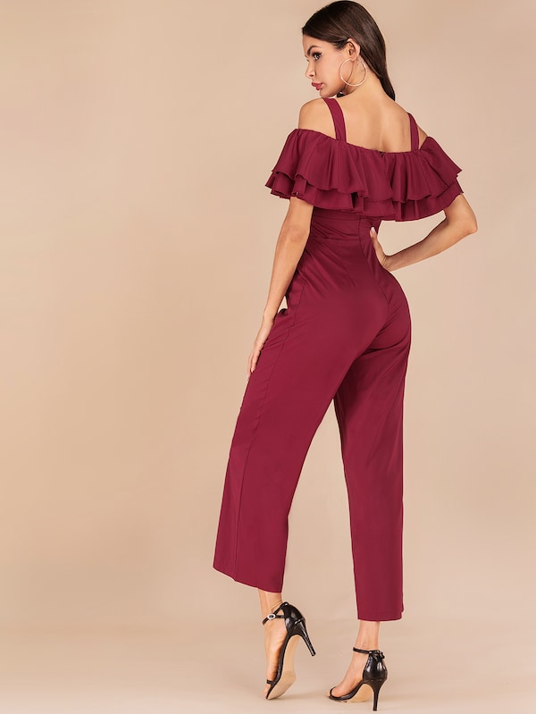 Layered Ruffle Trim Zip Back Slip Jumpsuit