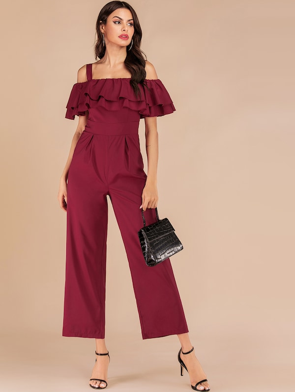 Layered Ruffle Trim Zip Back Slip Jumpsuit