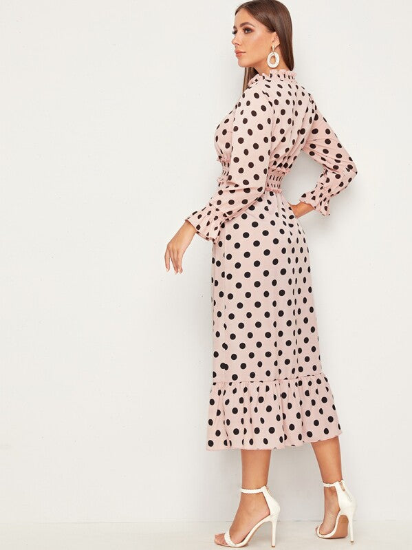 Polka Dot Shirred Tassel Detail Frill Trim Dress