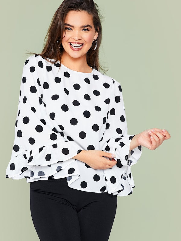 Plus Keyhole Back Flare Sleeve Polka Dot Top