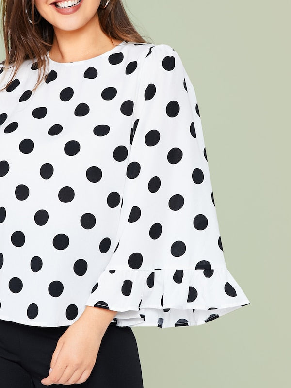 Plus Keyhole Back Flare Sleeve Polka Dot Top