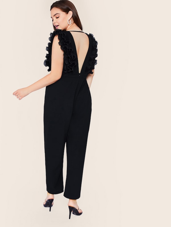 Plus Plunge Ruffle Trim Jumpsuit