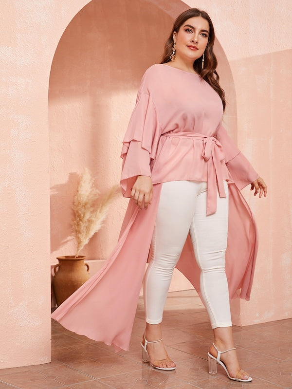 Plus Flounce Sleeve High Low Belted Top