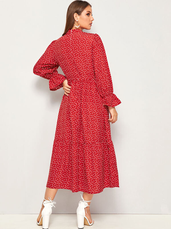 Confetti Heart Print Mock-Neck Flounce Sleeve Dress