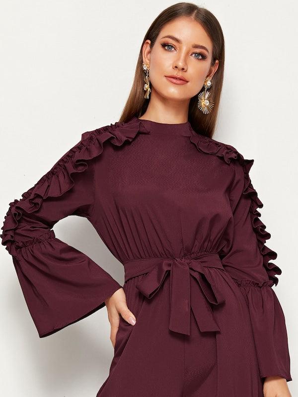 Tie Waist Ruffle Wide Leg Jumpsuit
