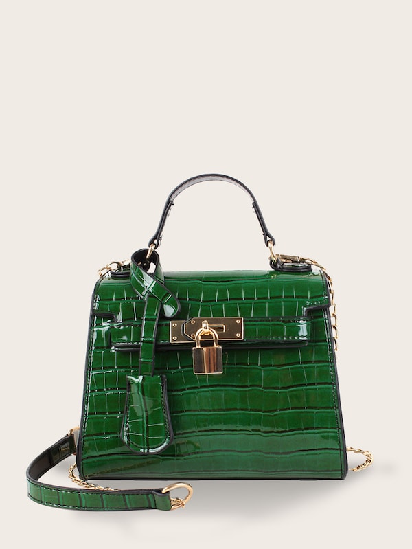 Croc Embossed Metal Lock Decor Satchel Bag