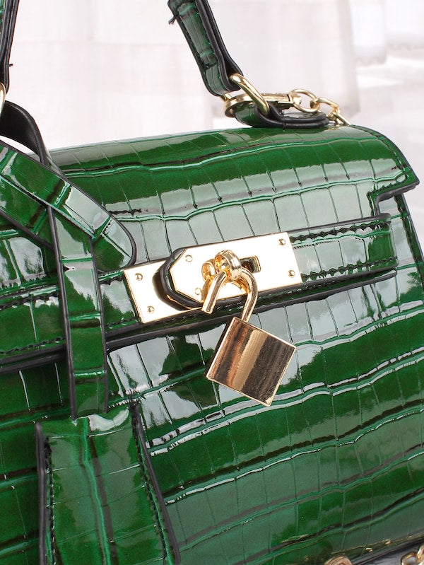 Croc Embossed Metal Lock Decor Satchel Bag