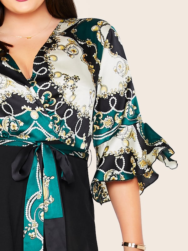Plus Self Belted Scarf Print Bodice Wide Leg Jumpsuit