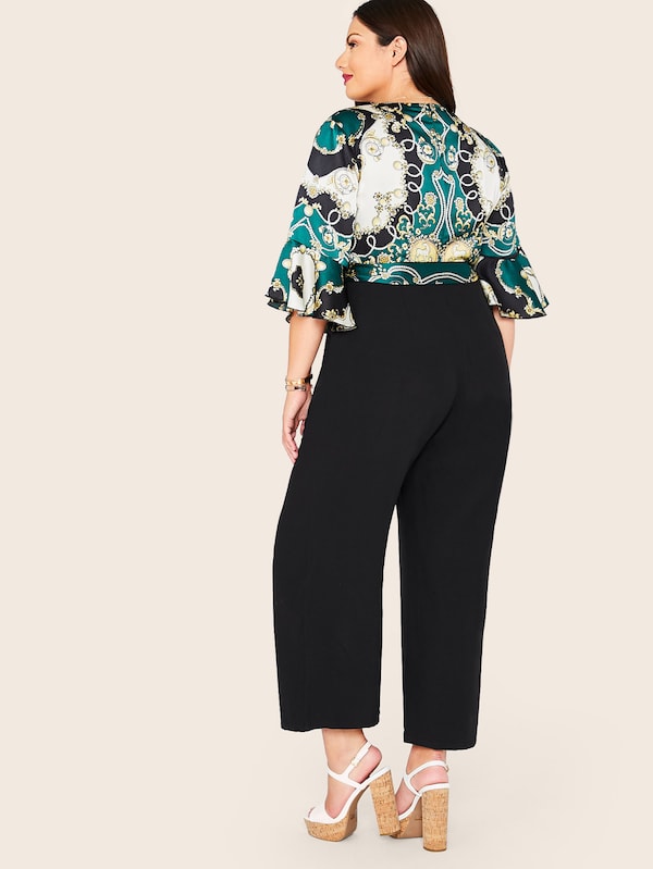 Plus Self Belted Scarf Print Bodice Wide Leg Jumpsuit