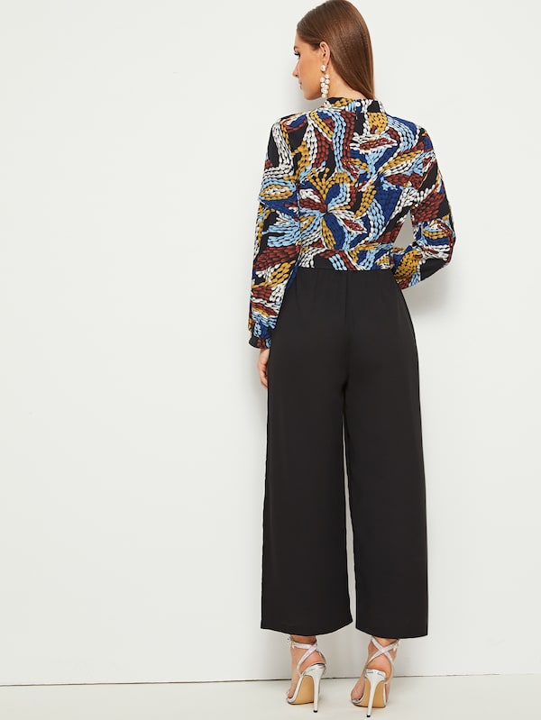 Tie Waist Cut & Sew Wide Leg Jumpsuit