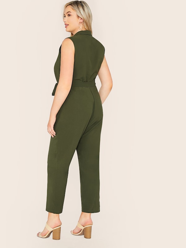 Plus Pocket Detail Button Front Belted Shirt Jumpsuit