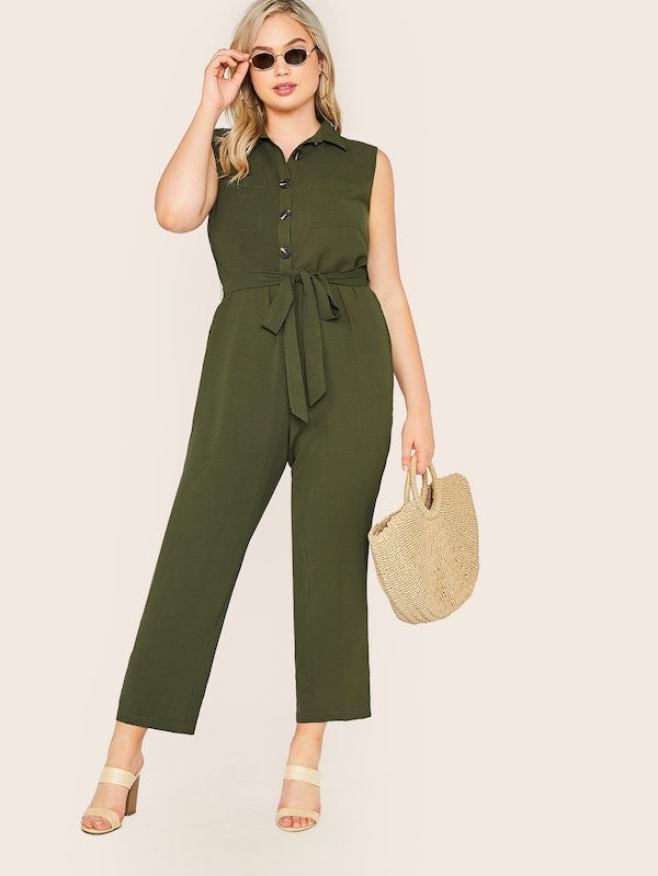 Plus Pocket Detail Button Front Belted Shirt Jumpsuit