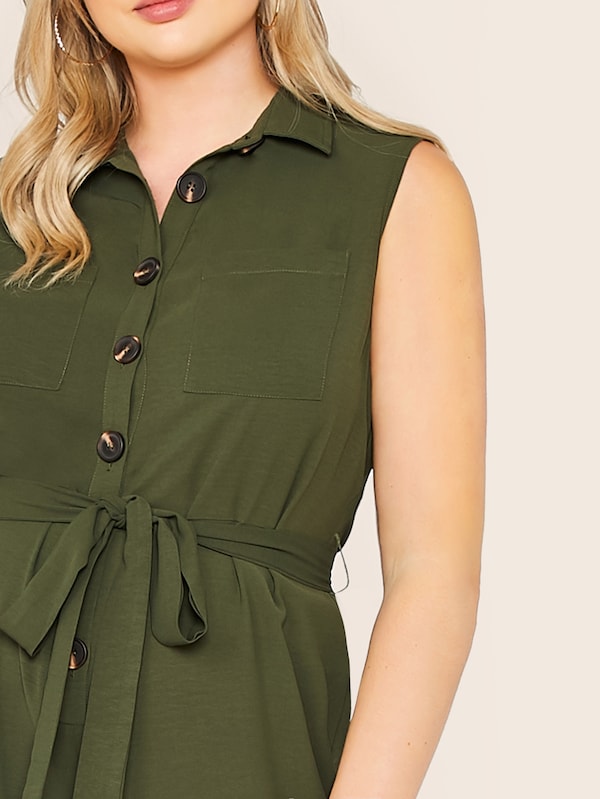 Plus Pocket Detail Button Front Belted Shirt Jumpsuit