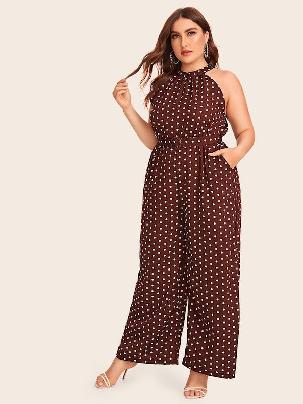 Plus Polka Dot Wide Leg Belted Halter Jumpsuit