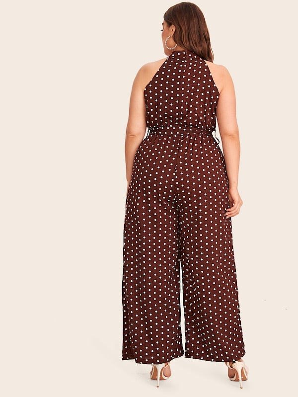 Plus Polka Dot Wide Leg Belted Halter Jumpsuit