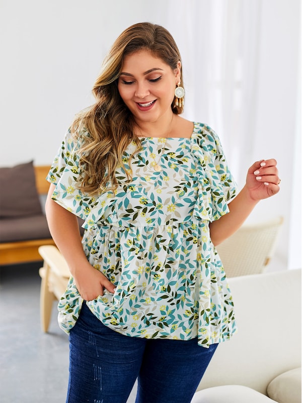 Plus Floral Print Square Neck Blouse