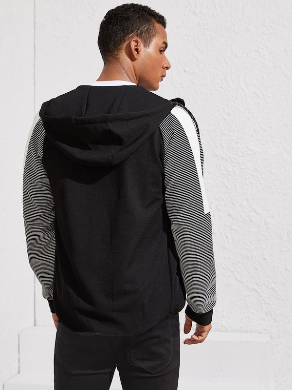 Men Contrast Striped Sleeve Drawstring Hooded Jacket