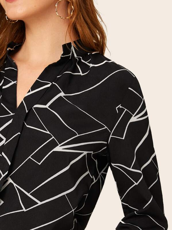 Random Stripe Print Notched Neck Blouse