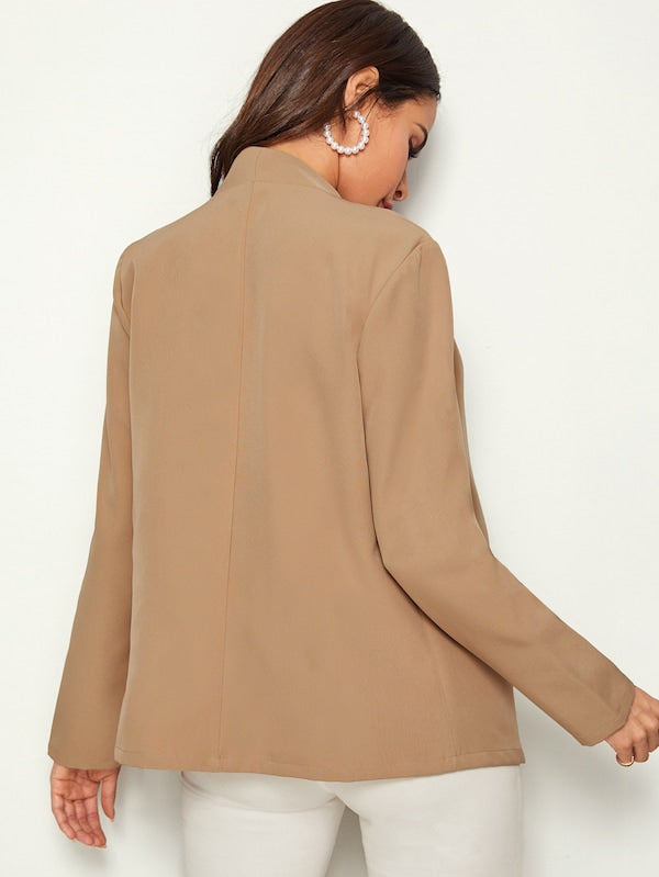 Solid Open Front Khaki Blazer Without Belt