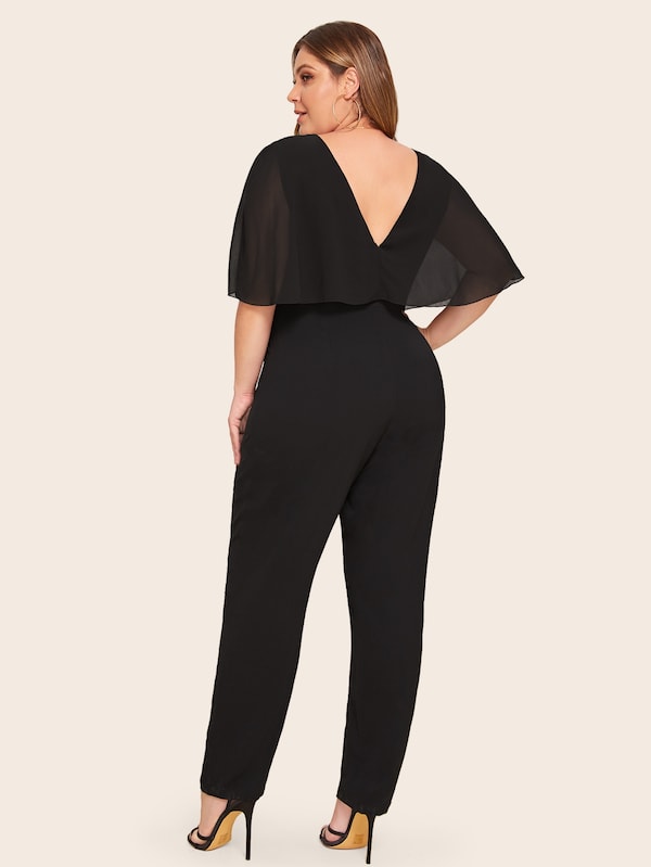 Plus Double V-Neck Chiffon Ruffle Trim Jumpsuit