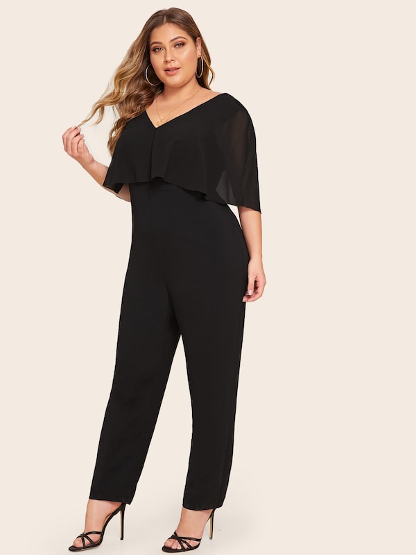 Plus Double V-Neck Chiffon Ruffle Trim Jumpsuit