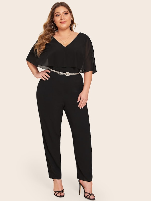 Plus Double V-Neck Chiffon Ruffle Trim Jumpsuit