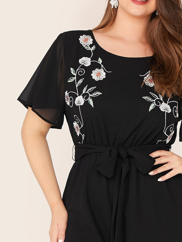 Plus Embroidery Front Self Belted Wide Leg Jumpsuit