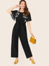Plus Embroidery Front Self Belted Wide Leg Jumpsuit