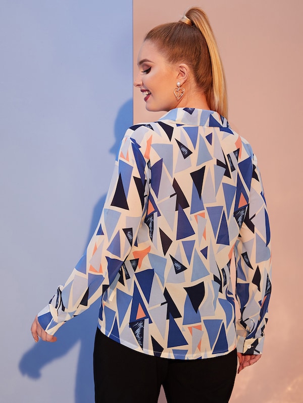 Plus Allover Geometric Print Button Front Blouse