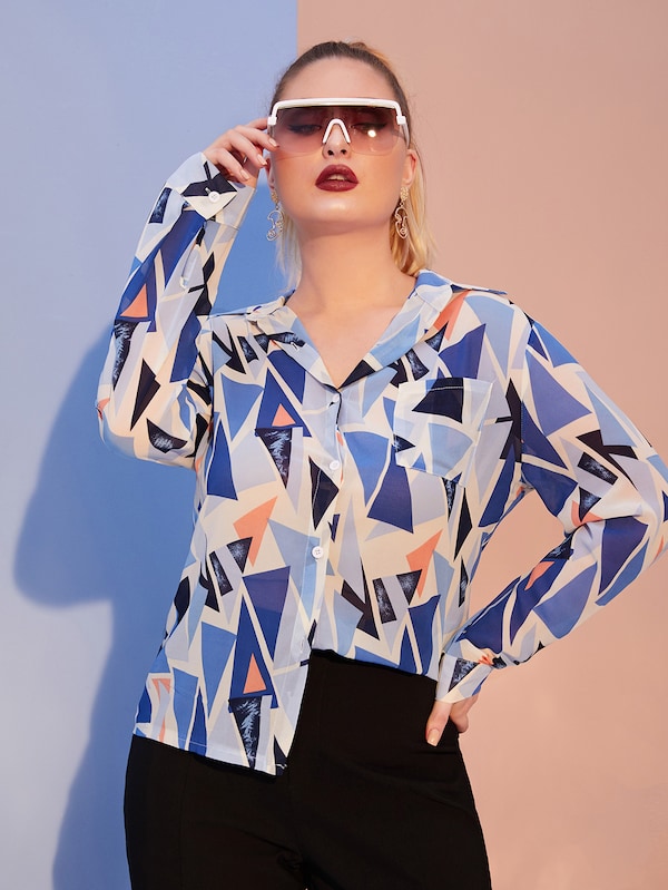 Plus Allover Geometric Print Button Front Blouse
