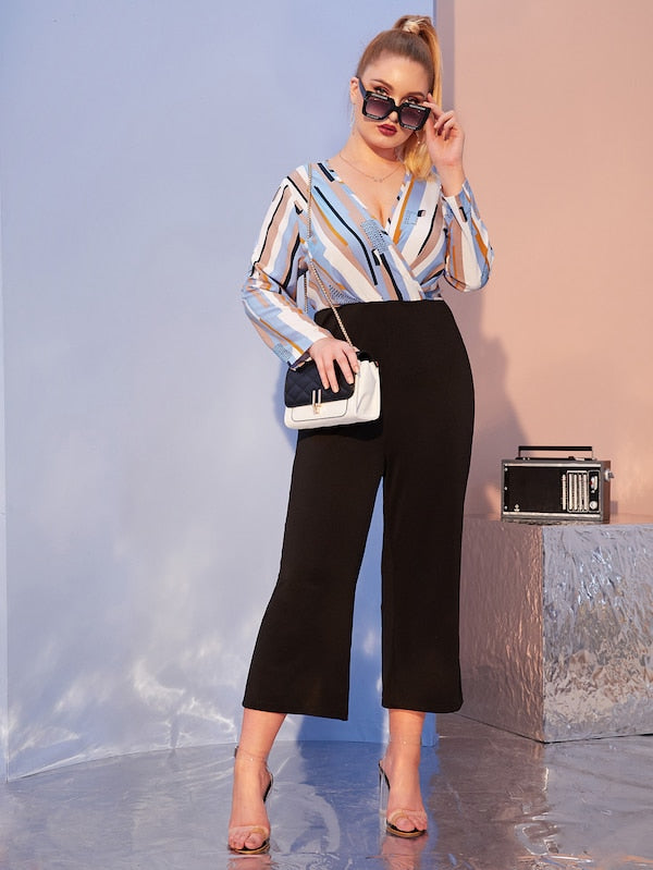 Plus Striped Surplice Neck Jumpsuit