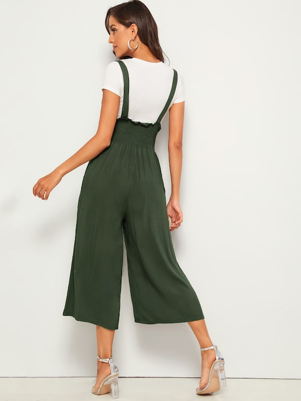 Button Front Shirred Wide Leg Pinafore Trousers