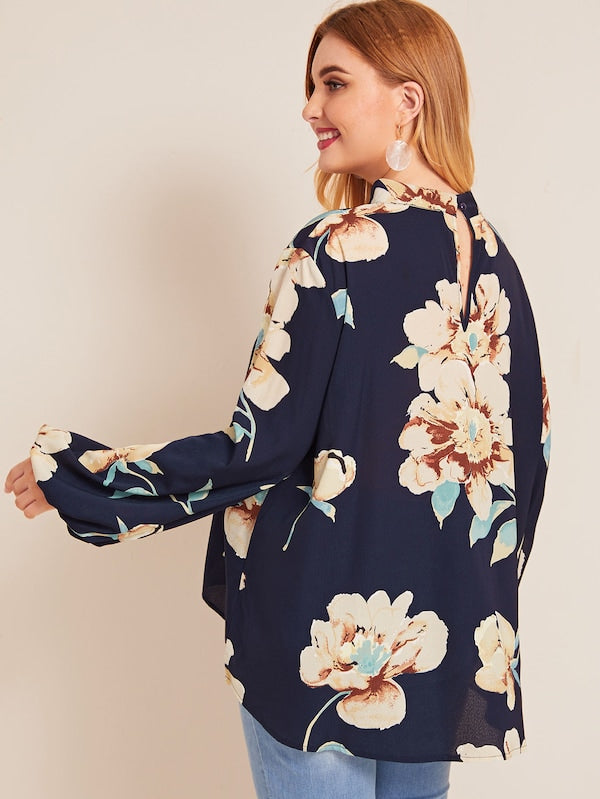 Plus Choker Neck High-Low Hem Floral Print Blouse