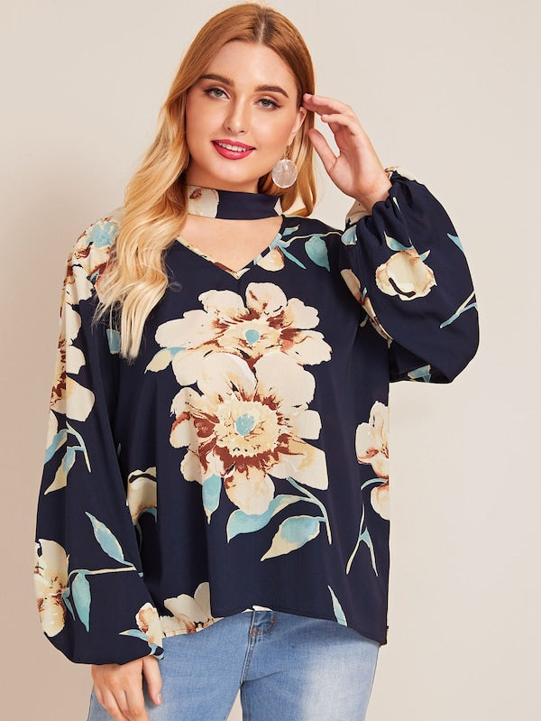 Plus Choker Neck High-Low Hem Floral Print Blouse