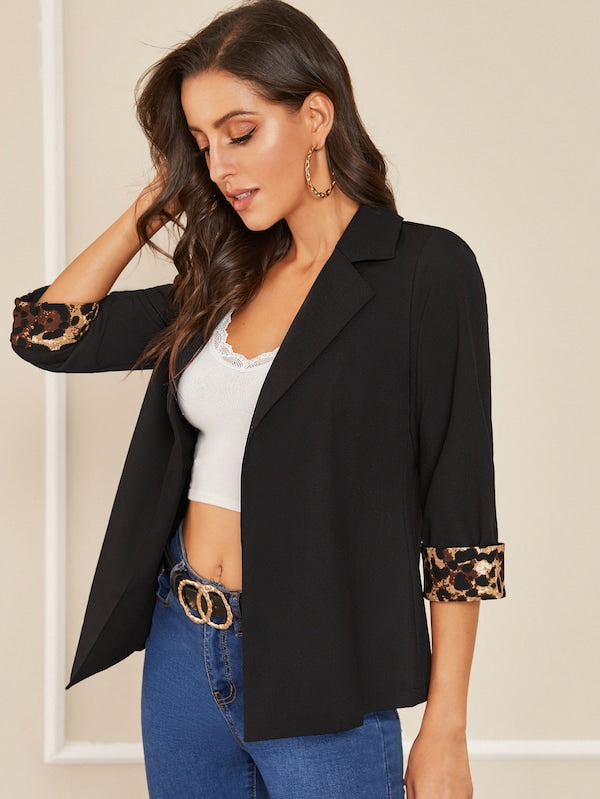 Notch Collar Leopard Print Cuffed Sleeve Blazer