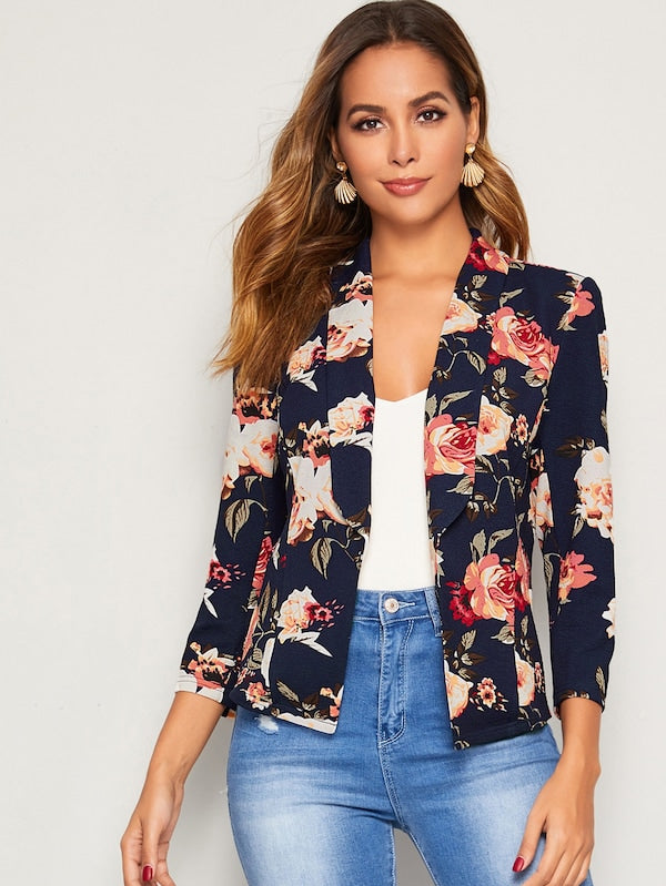 Floral Print Shawl Collar Blazer