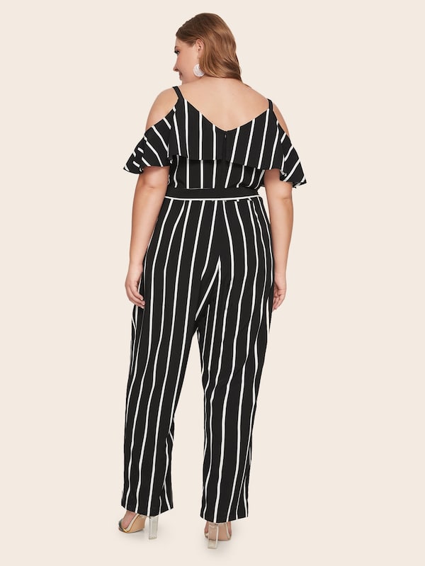 Plus Cold Shoulder Wrap Belted Striped Jumpsuit
