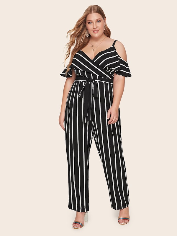 Plus Cold Shoulder Wrap Belted Striped Jumpsuit